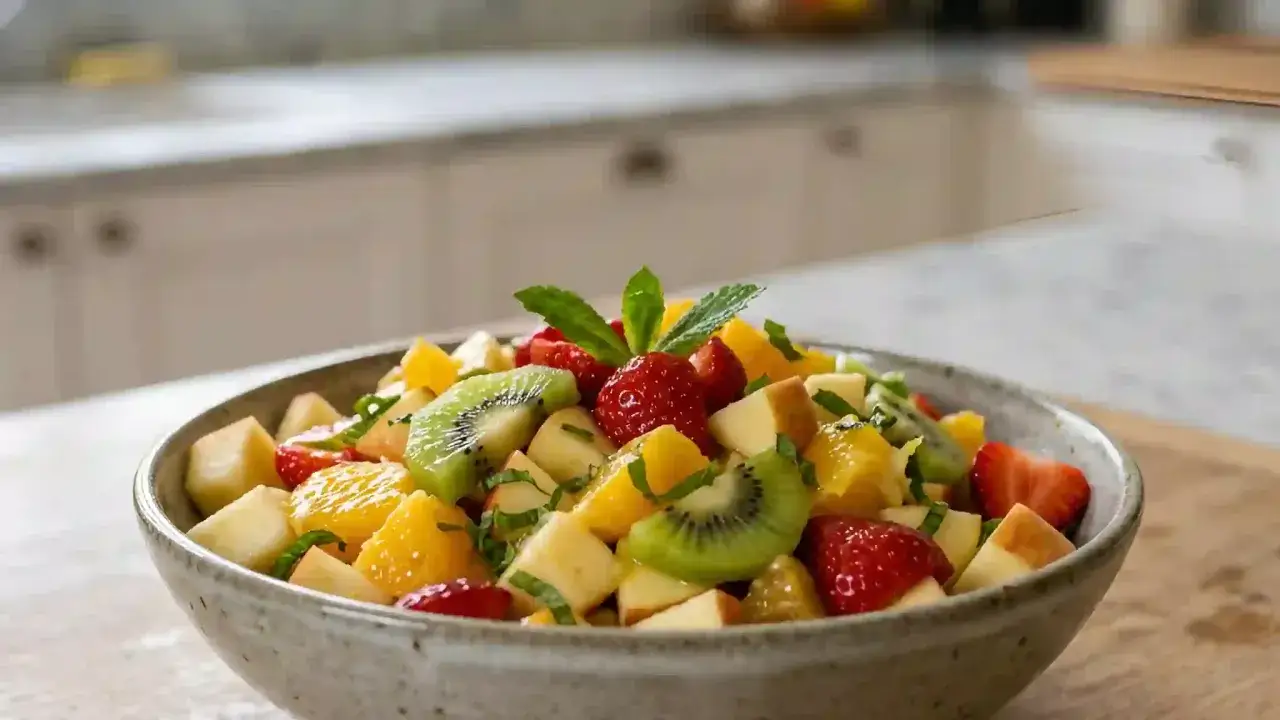 Un bol rempli de salade de fruits d'été : fraises, kiwis, oranges et pommes coupés en dés, garni de menthe fraîche.