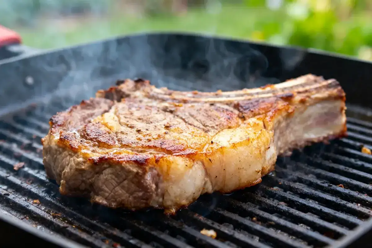 Une belle basse côte, saisie à la perfection sur le barbecue, dégage une fumée alléchante.