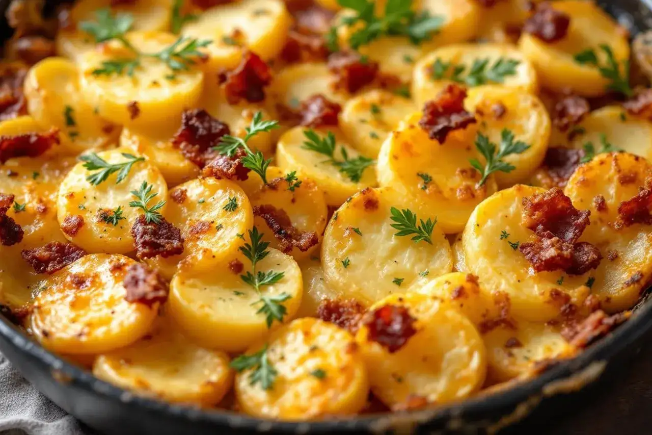 Un délicieux gratin de pommes de terre et lardons, parsemé de persil frais. Un plat réconfortant et savoureux.