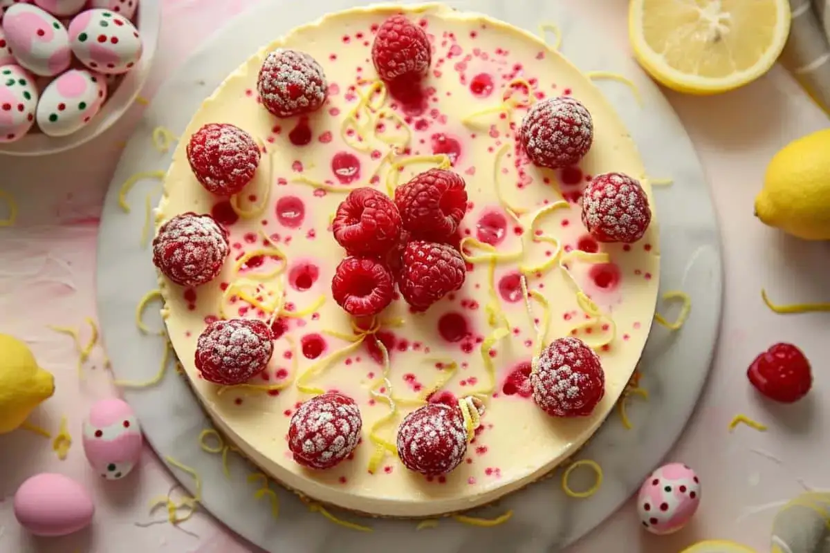 Délicieux cheesecake Philadelphia sans cuisson, garni de framboises fraîches et de zestes de citron. Parfait pour une recette facile et festive.