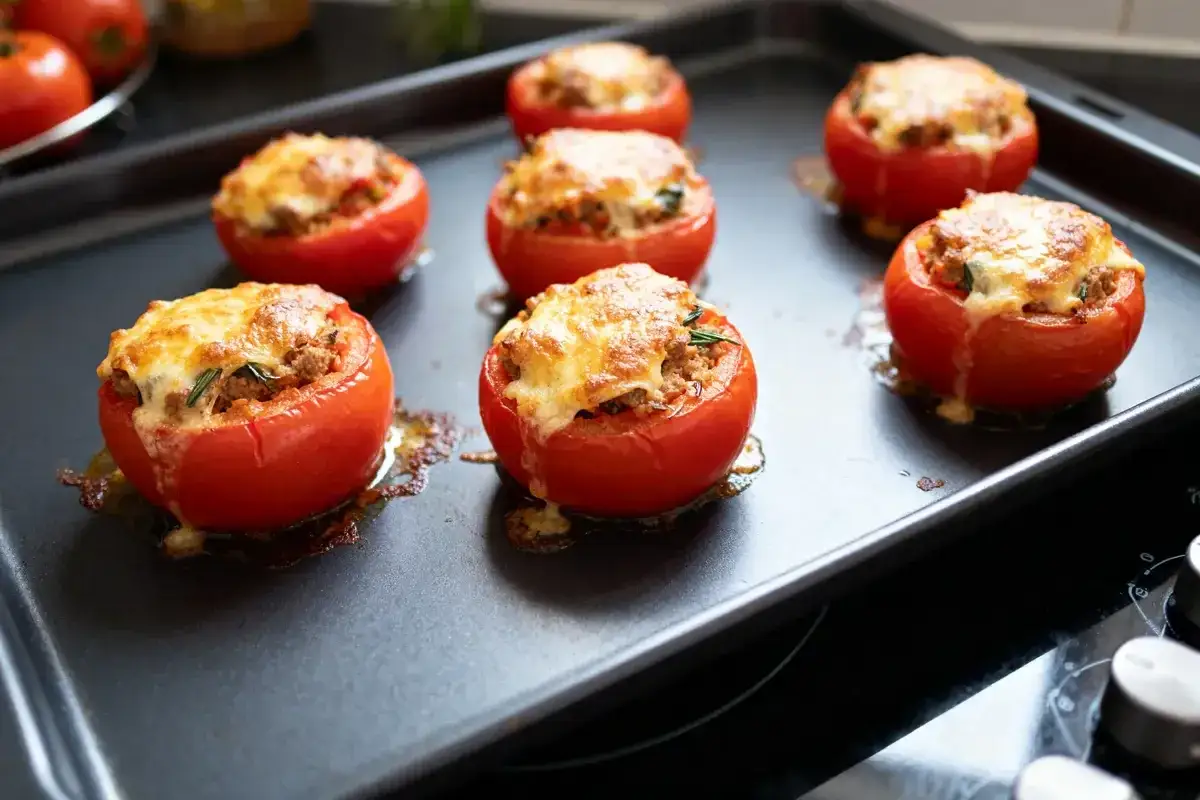 Tomates farcies à la viande, gratinées au fromage, tout juste sorties du four à chaleur tournante. Un délice !