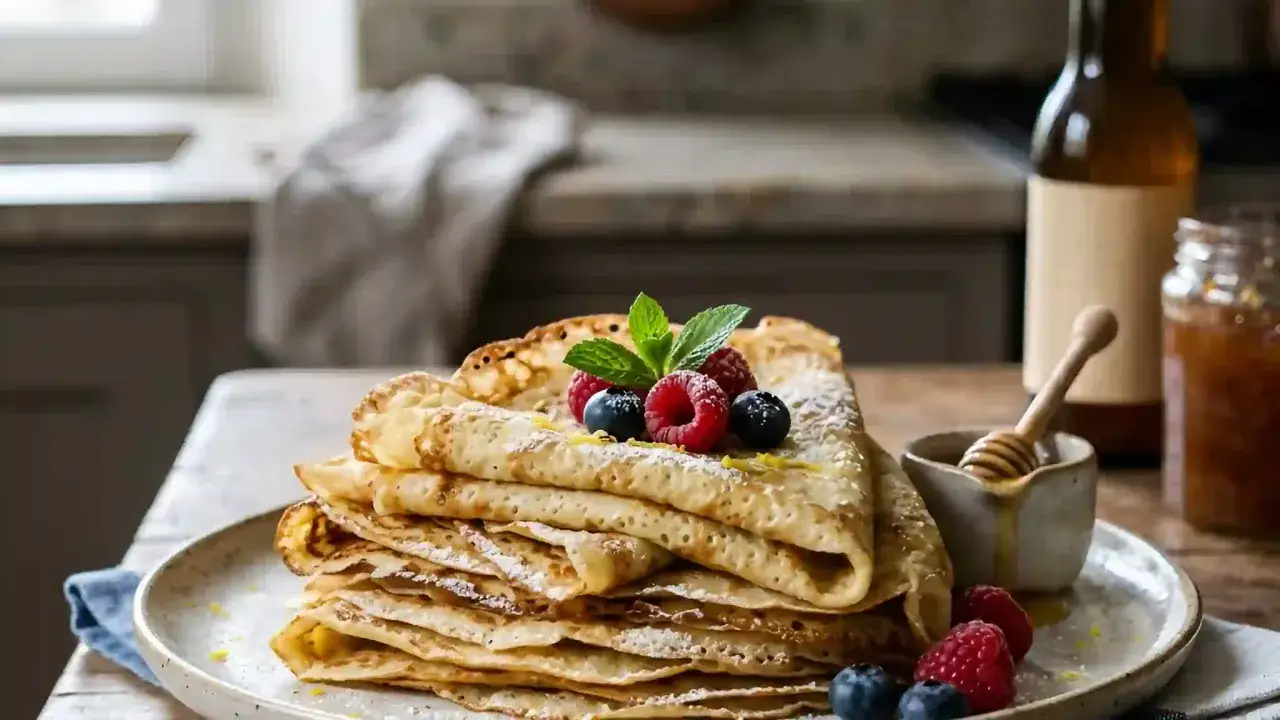 Pile de crêpes à la bière, garnie de fruits rouges, de menthe et saupoudrée de sucre glace. Un pot de miel et des baies sont à côté.
