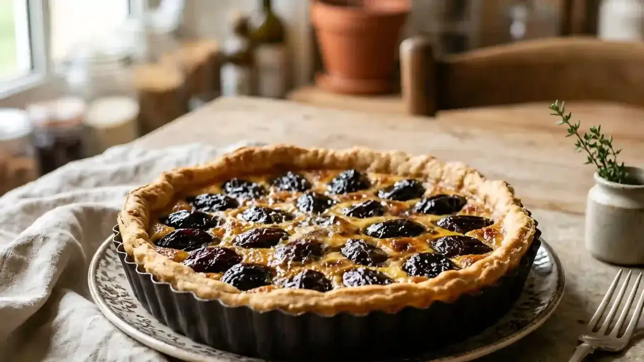 Tarte aux pruneaux, une recette de grand-mère réconfortante, avec une pâte dorée et une garniture généreuse.