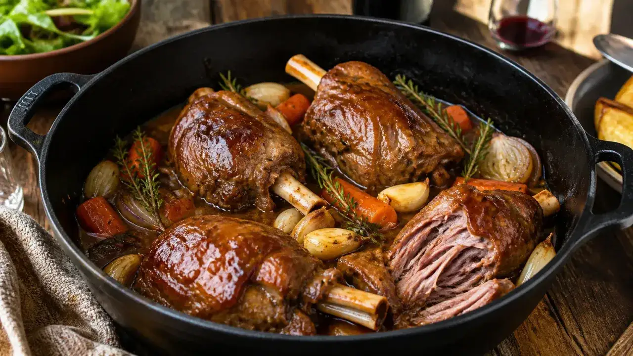 Souris d'agneau braisées, une recette grand chef avec carottes, oignons et ail, servies dans une cocotte en fonte.