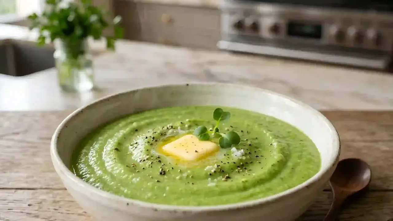 Un bol de purée de brocolis onctueuse, garni d'une noix de beurre et de jeunes pousses. Un délice vert et réconfortant.