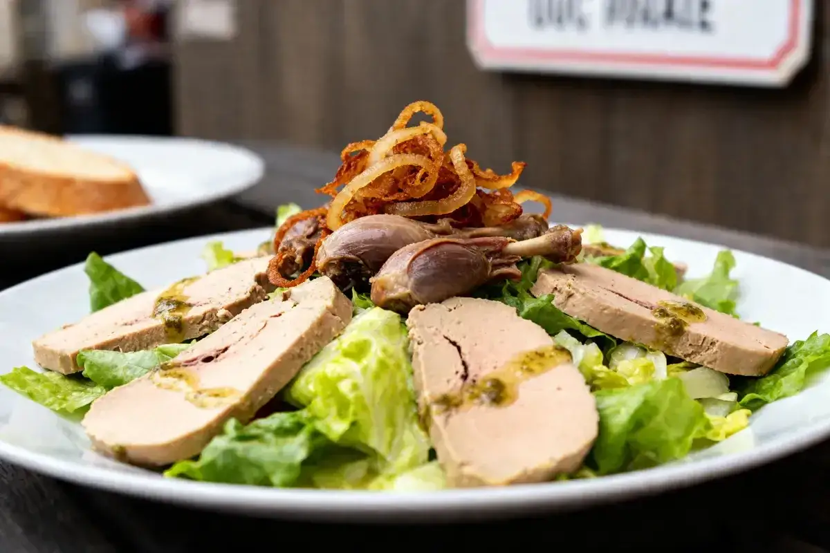 Salade landaise généreuse avec foie gras, confit de canard et oignons frits croustillants sur un lit de laitue.