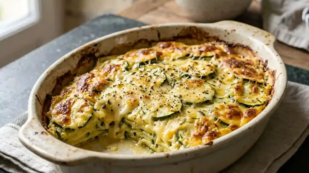 Un gratin de courgettes moelleux, doré et gratiné, prêt à être dégusté.