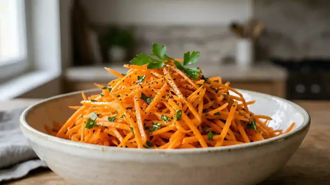 Salade de carottes traditionnelle, râpées et assaisonnées de persil frais et de poivre noir, servie dans un bol en céramique.