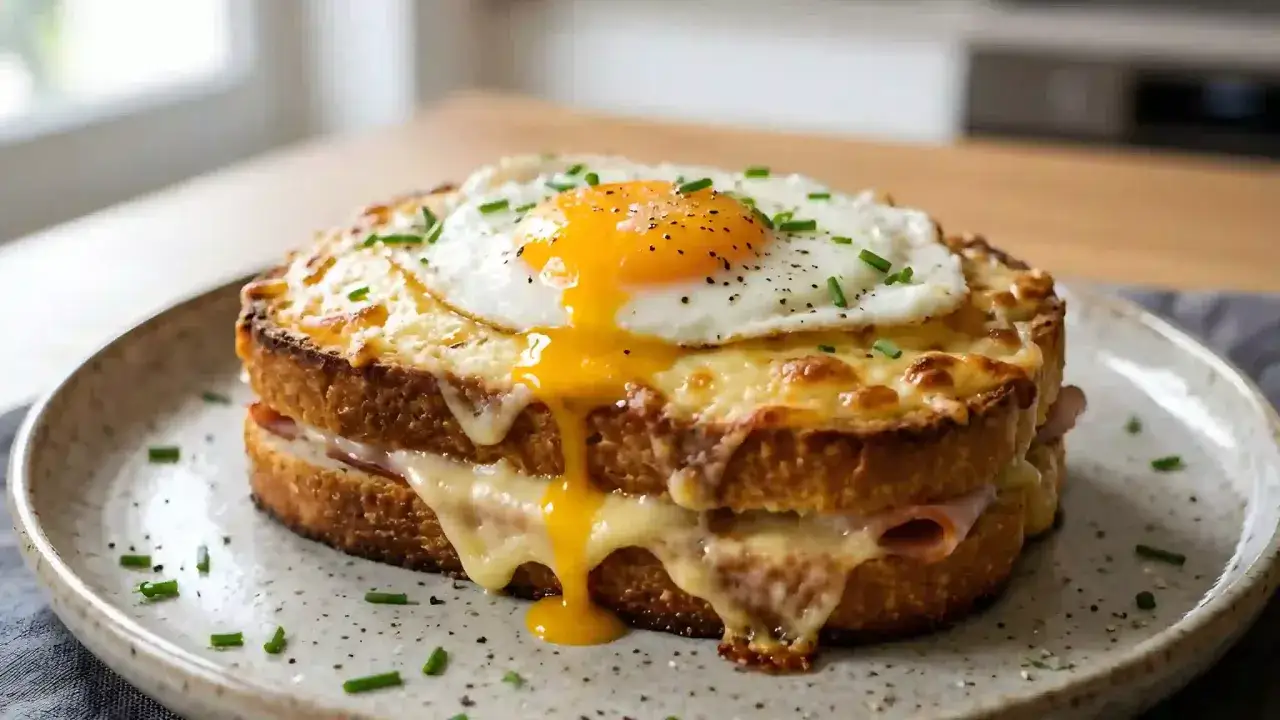 Un délicieux croque madame avec un œuf au plat coulant, du fromage fondu et du jambon. Une recette parfaite pour un brunch gourmand.