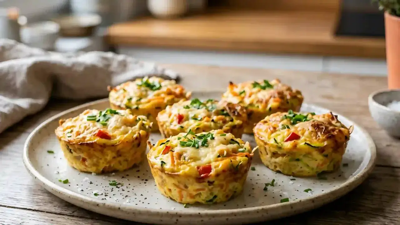 Six mini quiches sans pâte garnies de fromage râpé et de ciboulette fraîche, présentées sur une assiette en céramique.
