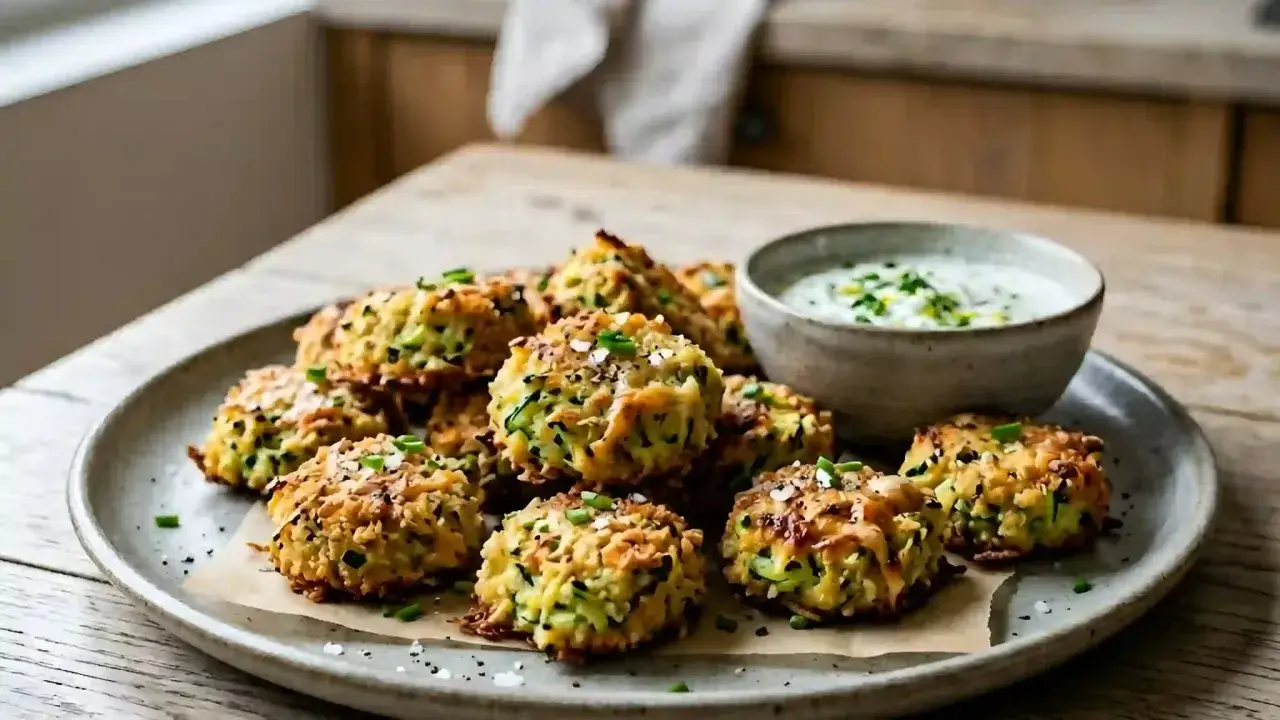 Petits beignets de courgettes dorés, parfaits pour un apéritif facile et savoureux, servis avec une sauce crémeuse.
