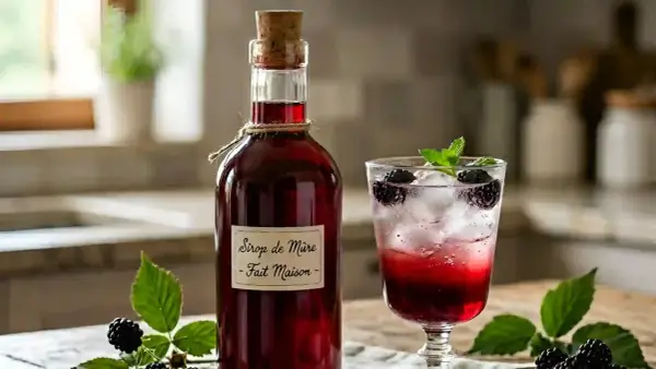 Bouteille de sirop de mûres fait maison à côté d'un verre de boisson pétillante aux mûres et à la menthe.