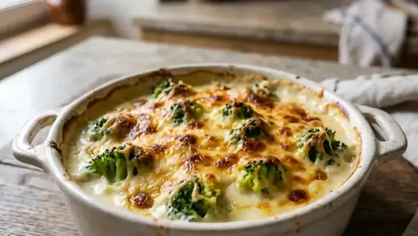Un gratin de brocolis crémeux et doré, parfait pour une recette réconfortante.