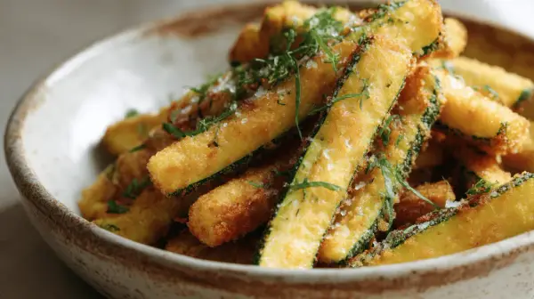 Frites de courgette dorées et croustillantes, saupoudrées d'herbes fraîches et de gros sel, servies dans un bol rustique. Un délice !