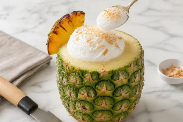 Un délice tropical : un pina colada sans alcool servi dans un ananas évidé, garni de crème et de noix de coco râpée.