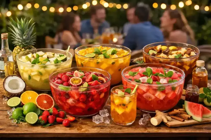 Plusieurs grands bols de punch fruit rouge et d'autres fruits tropicaux, prêts pour une fête d'été.
