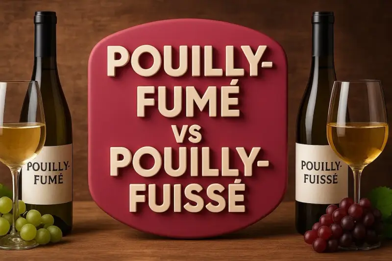 Bouteilles et verres de vin blanc, avec une étiquette comparant Pouilly-Fumé et Pouilly-Fuissé.