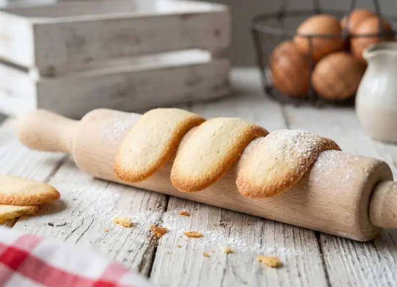 Des biscuits langue de chat dorés, saupoudrés de sucre glace, reposent sur un rouleau à pâtisserie en bois.